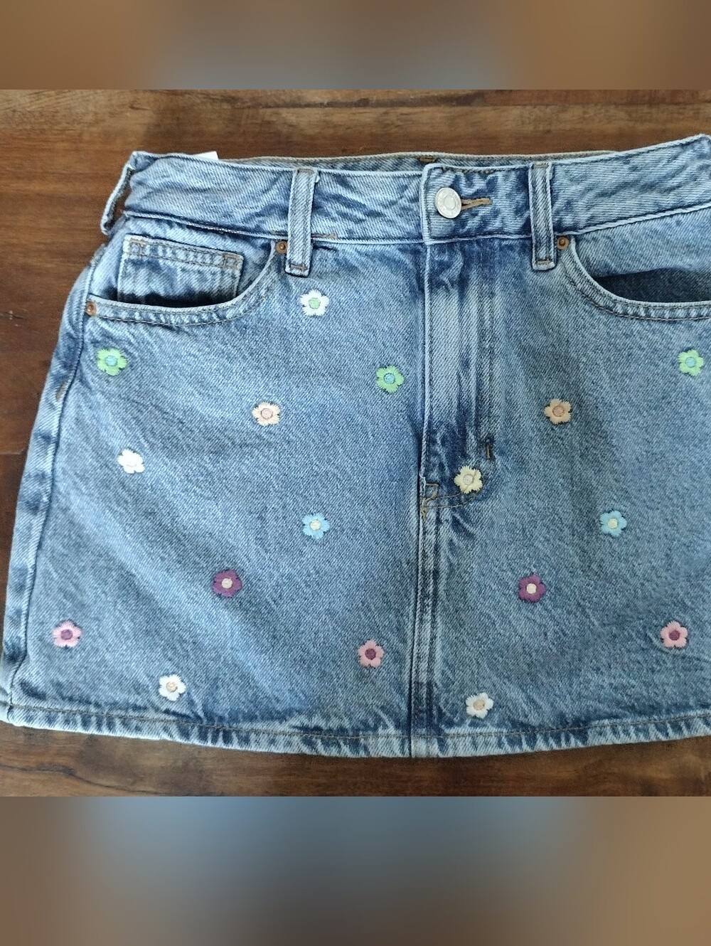 PacSun Denim Mini Skirt with Multicolor Flower Embroidery